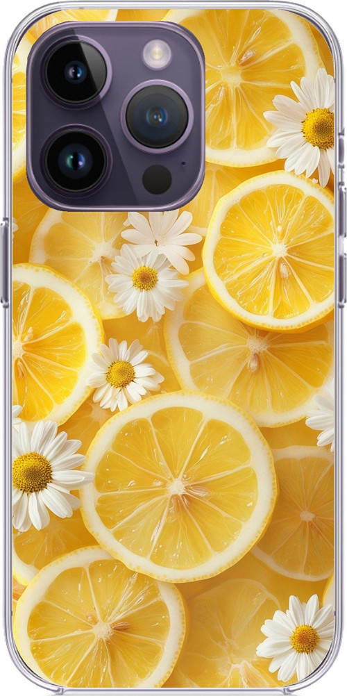 iPhone 14 PRO MAX Uyumlu Limon Dilimleri ve Papatya Desenli Baskılı Silikon Kılıf