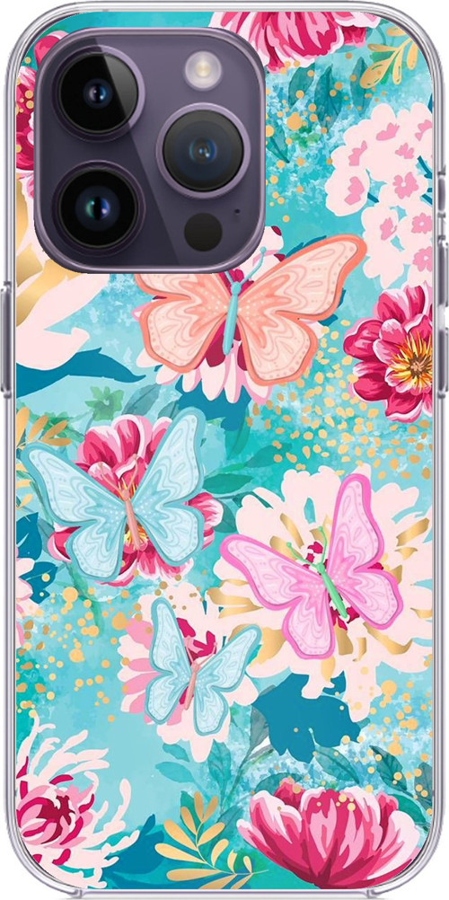 iPhone 14 PRO MAX Uyumlu Kelebekler ve Çiçekler Baskılı Silikon Kılıf