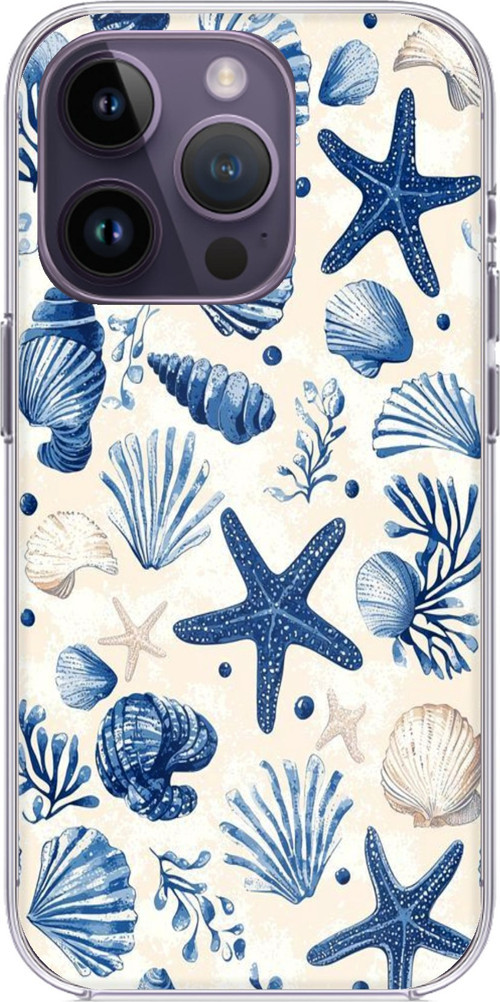iPhone 14 PRO MAX Uyumlu Mavi Deniz Kabuğu ve Yıldız Desenli Baskılı Silikon Kılıf