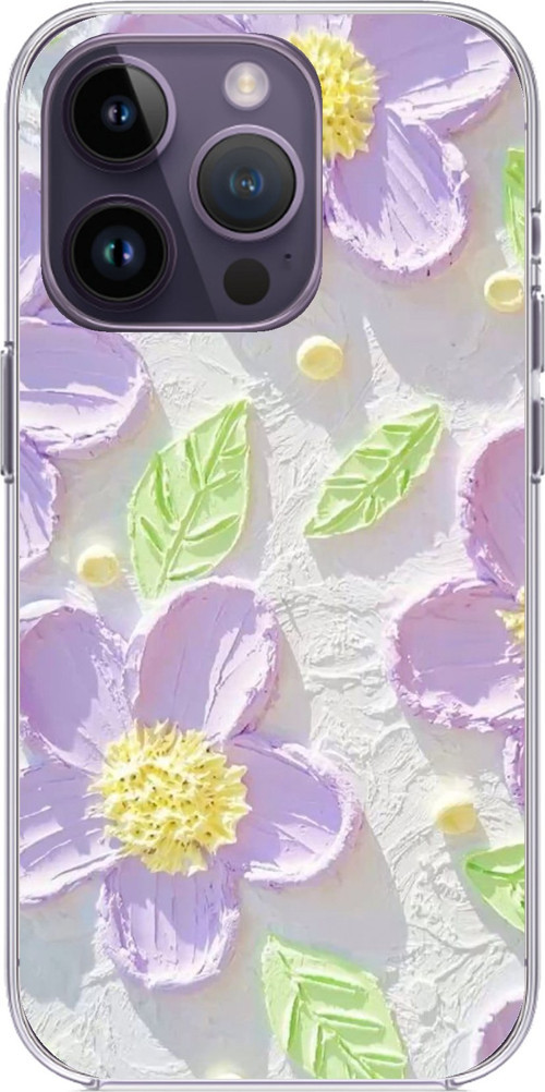iPhone 14 PRO MAX Uyumlu Mor Papatyalar Sulu Boya Baskılı Silikon Kılıf