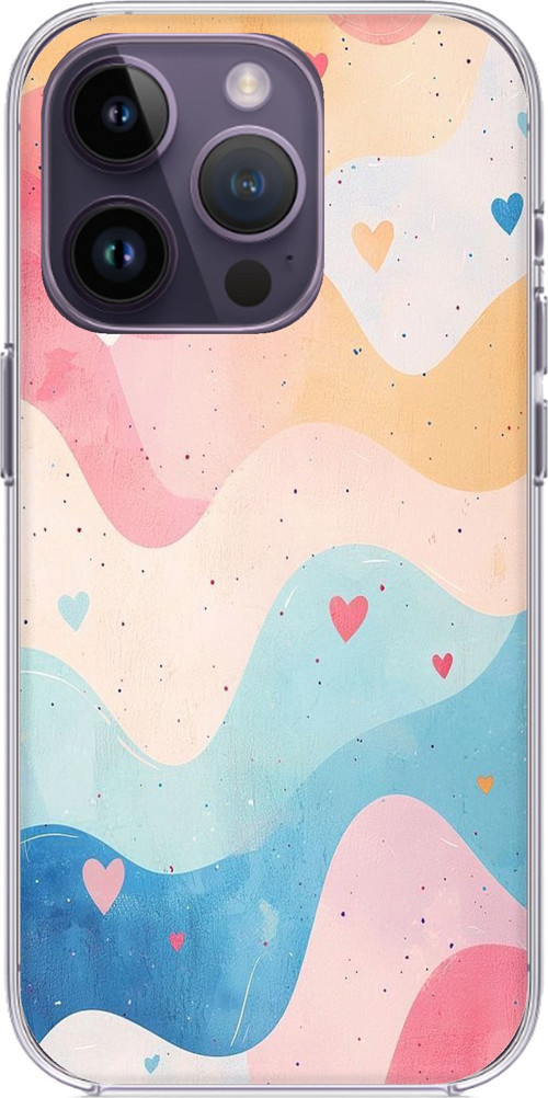 iPhone 14 PRO MAX Uyumlu Pastel Renkli Dalgalı ve Kalp Baskılı Silikon Kılıf