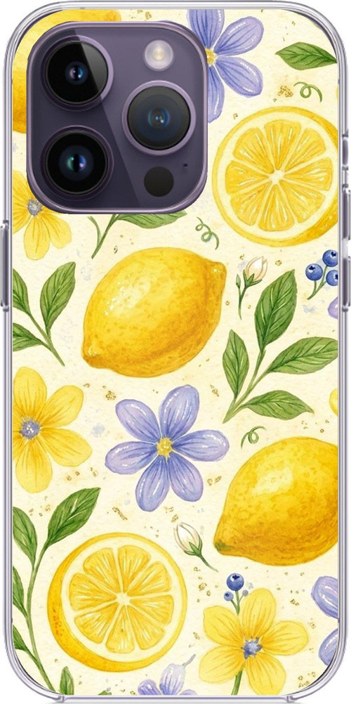 iPhone 14 PRO MAX Uyumlu Sulu Boya Limon ve Çiçek Desenli Baskılı Silikon Kılıf