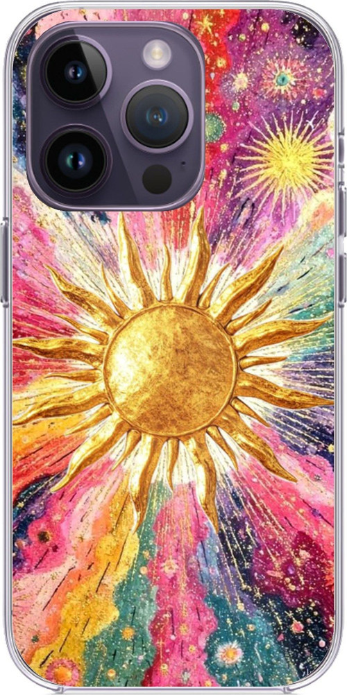 iPhone 14 PRO MAX Uyumlu Psikedelik Galaksi ve Güneş Desenli Baskılı Silikon Kılıf