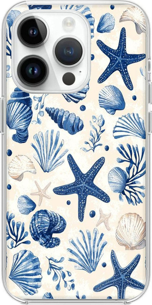 iPhone 14 PRO Uyumlu Mavi Deniz Kabuğu ve Yıldız Desenli Baskılı Silikon Kılıf