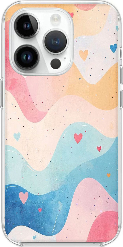iPhone 14 PRO Uyumlu Pastel Renkli Dalgalı ve Kalp Baskılı Silikon Kılıf