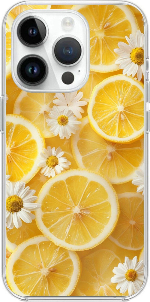 iPhone 14 PRO Uyumlu Limon Dilimleri ve Papatya Desenli Baskılı Silikon Kılıf