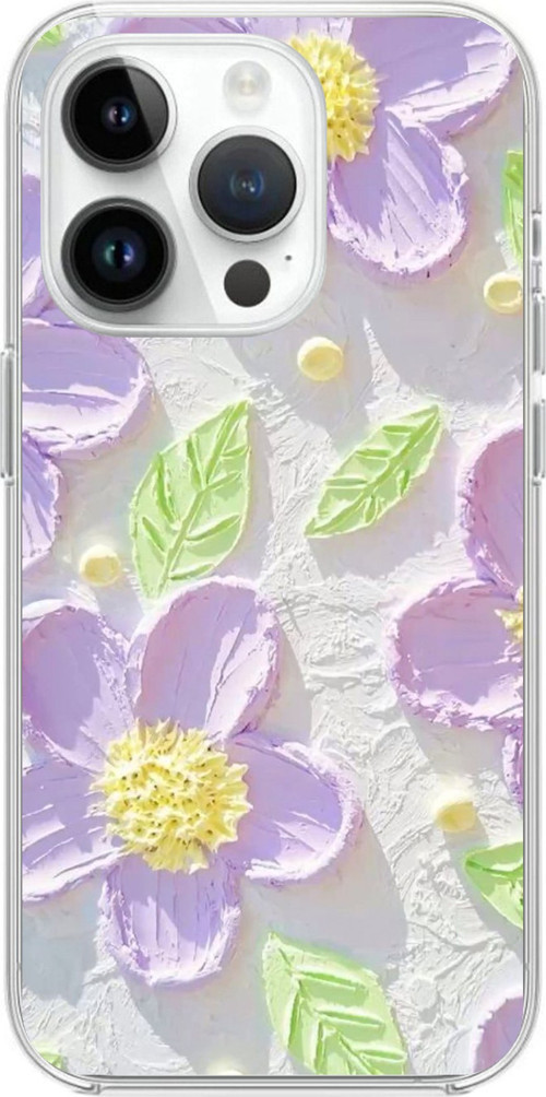 iPhone 14 PRO Uyumlu Mor Papatyalar Sulu Boya Baskılı Silikon Kılıf
