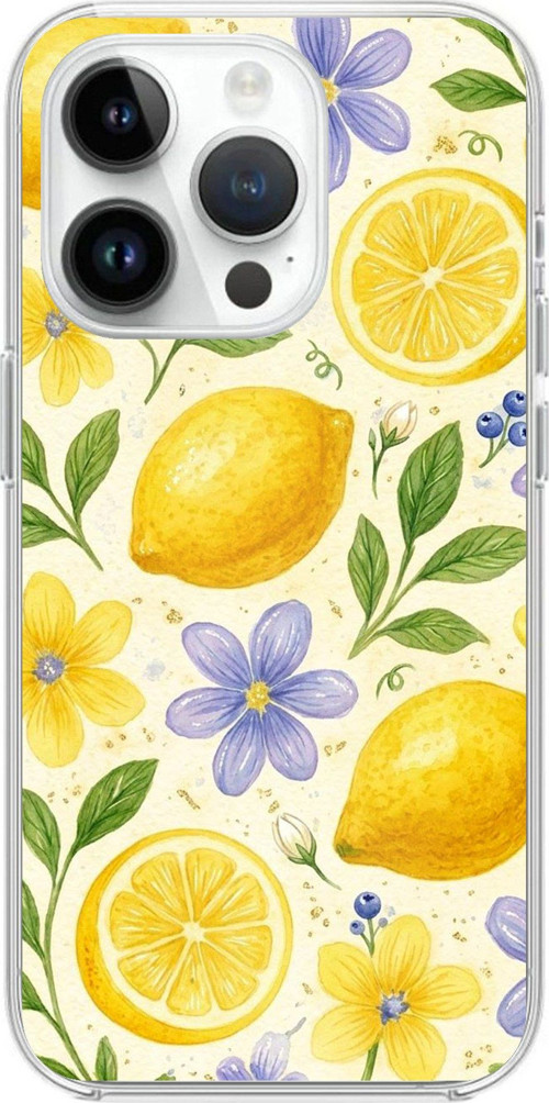 iPhone 14 PRO Uyumlu Sulu Boya Limon ve Çiçek Desenli Baskılı Silikon Kılıf