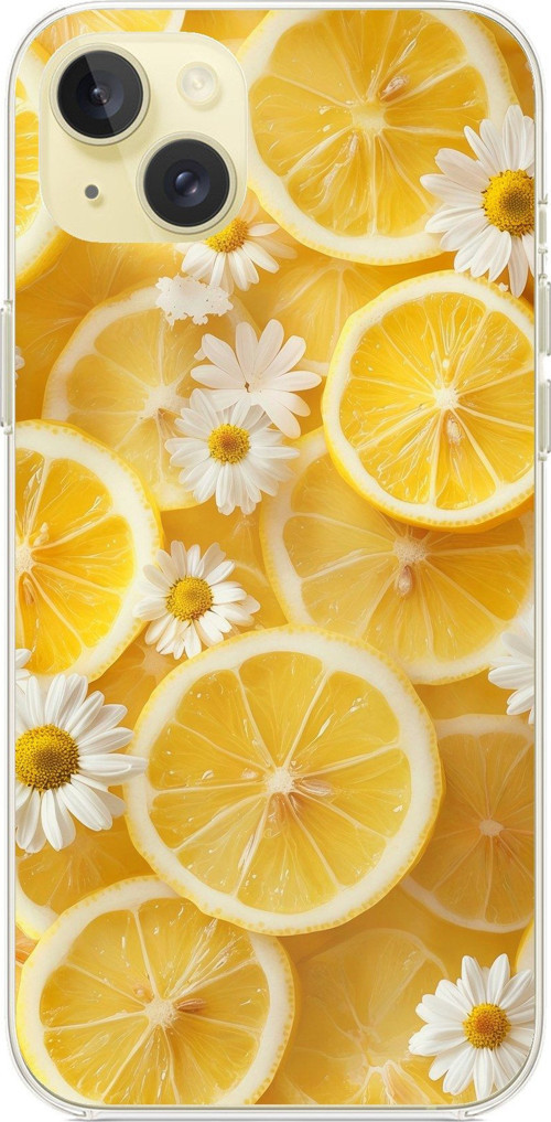 iPhone 15 PLUS Uyumlu Limon Dilimleri ve Papatya Desenli Baskılı Silikon Kılıf