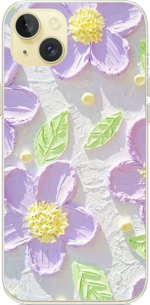 iPhone 15 PLUS Uyumlu Mor Papatyalar Sulu Boya Baskılı Silikon Kılıf