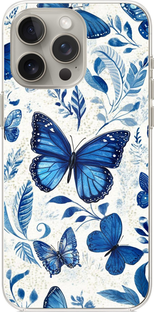 iPhone 15 PRO MAX Uyumlu Mavi Kelebekler Baskılı Silikon Kılıf