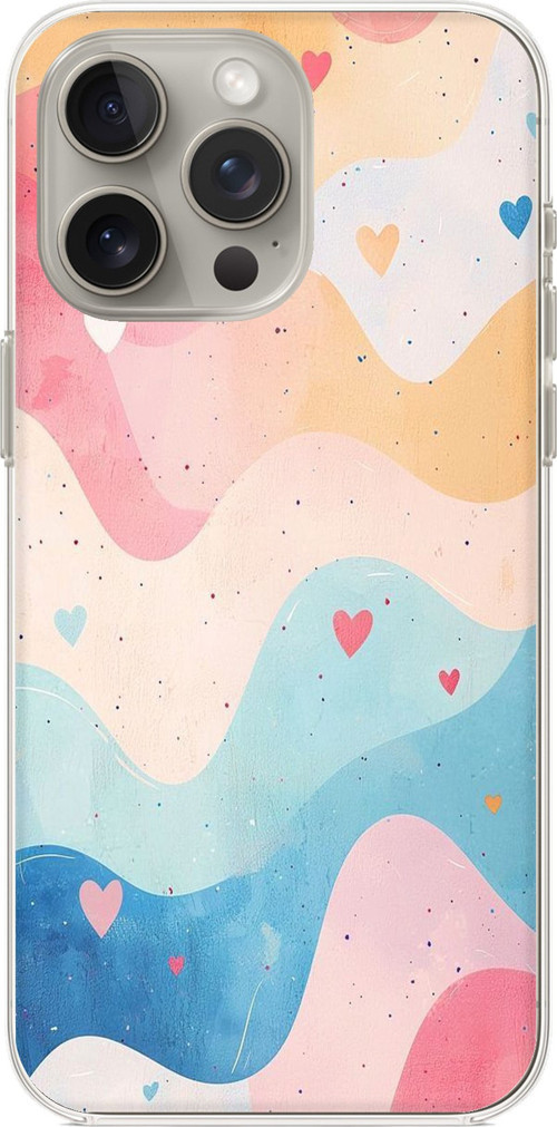 iPhone 15 PRO Uyumlu Pastel Renkli Dalgalı ve Kalp Baskılı Silikon Kılıf