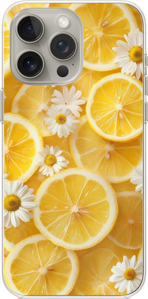 iPhone 15 PRO Uyumlu Limon Dilimleri ve Papatya Desenli Baskılı Silikon Kılıf
