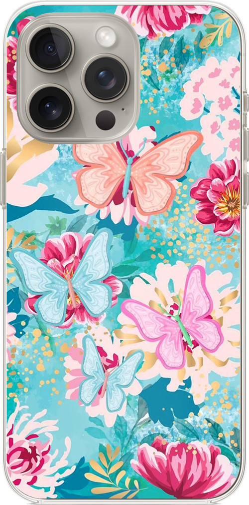 iPhone 15 PRO Uyumlu Kelebekler ve Çiçekler Baskılı Silikon Kılıf