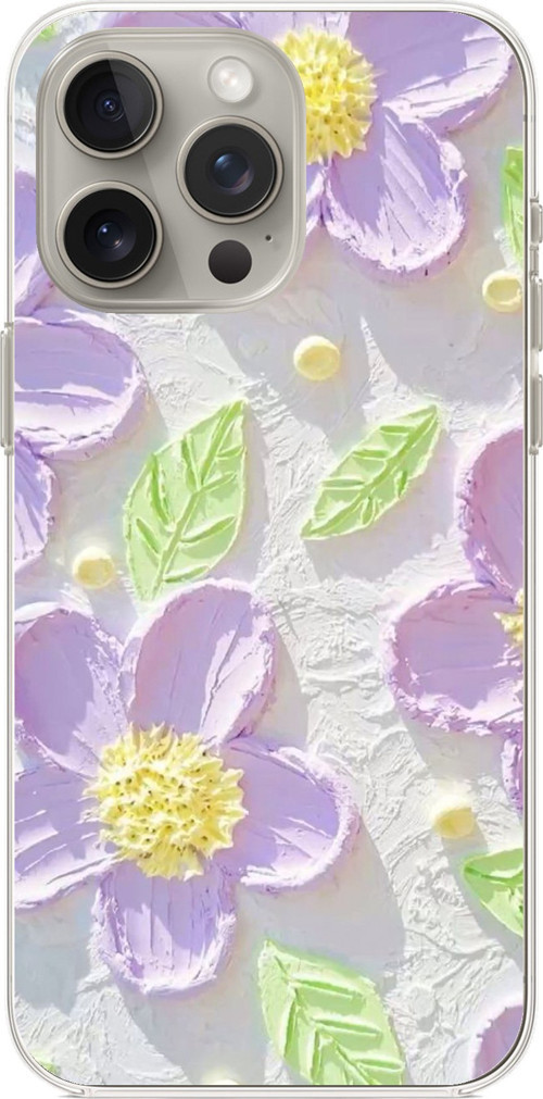 iPhone 15 PRO Uyumlu Mor Papatyalar Sulu Boya Baskılı Silikon Kılıf