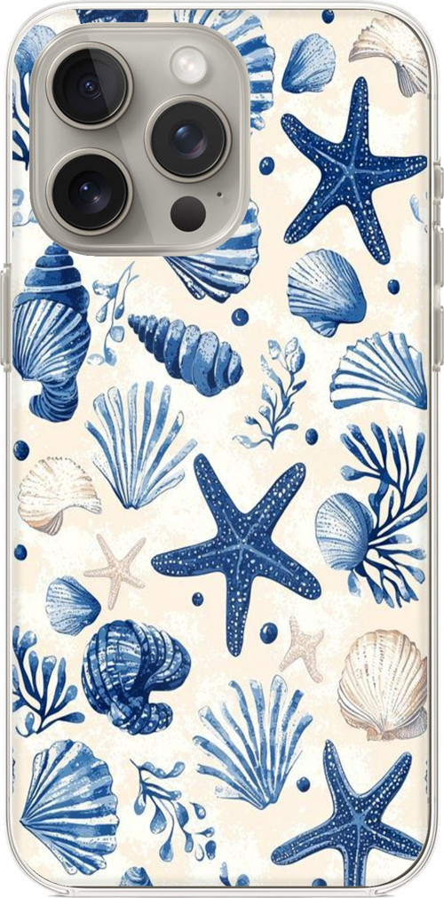 iPhone 15 PRO Uyumlu Mavi Deniz Kabuğu ve Yıldız Desenli Baskılı Silikon Kılıf