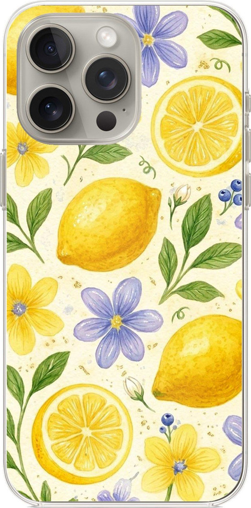 iPhone 15 PRO Uyumlu Sulu Boya Limon ve Çiçek Desenli Baskılı Silikon Kılıf