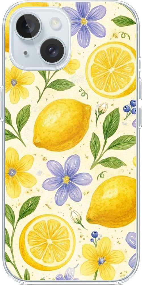iPhone 15 Uyumlu Sulu Boya Limon ve Çiçek Desenli Baskılı Silikon Kılıf