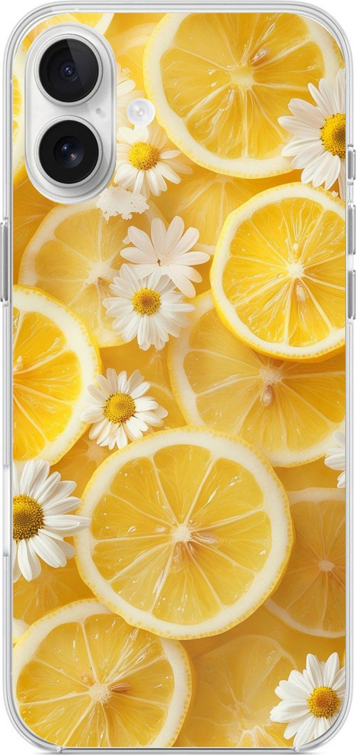 iPhone 16 PLUS Uyumlu Limon Dilimleri ve Papatya Desenli Baskılı Silikon Kılıf