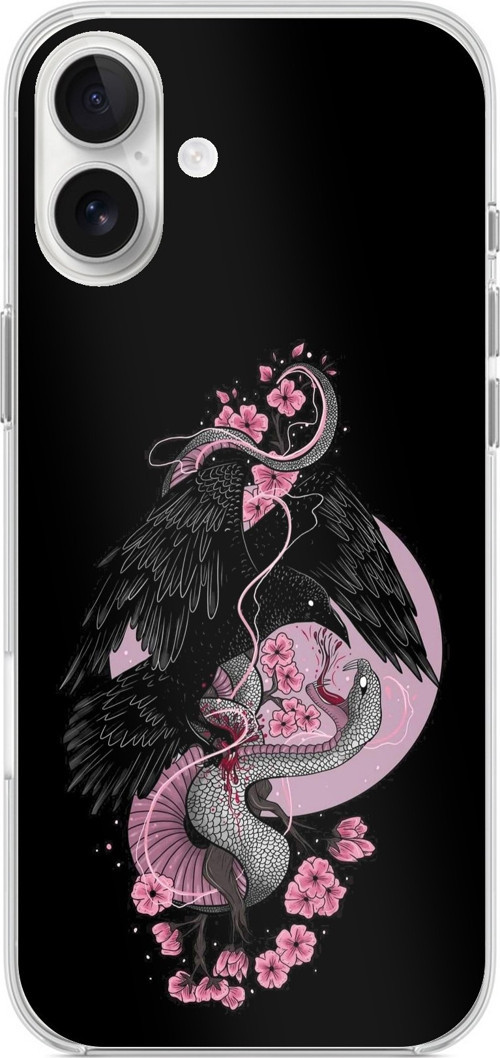 iPhone 16 PLUS Uyumlu Pembe Siyah Yılan Baskılı Silikon Kılıf