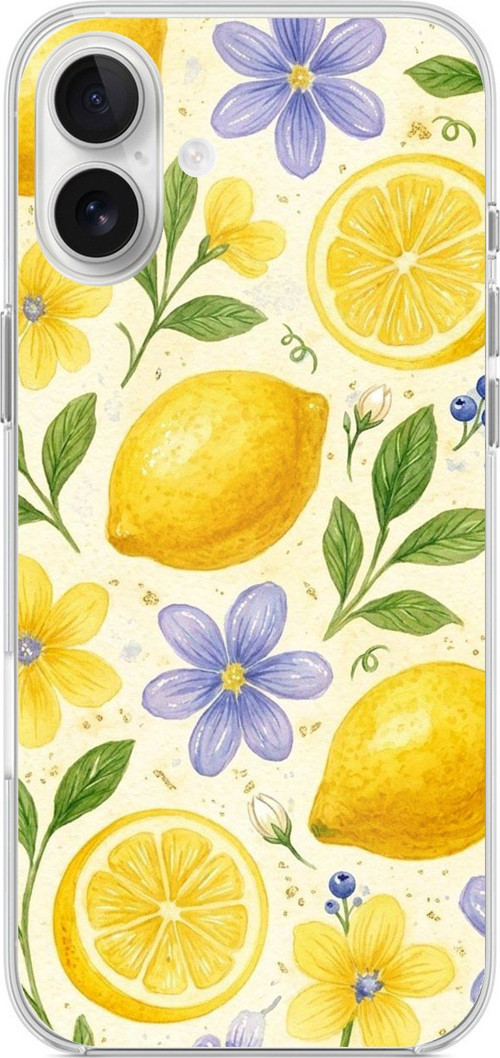 iPhone 16 PLUS Uyumlu Sulu Boya Limon ve Çiçek Desenli Baskılı Silikon Kılıf