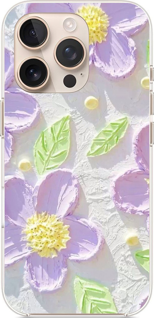 iPhone 16 PRO MAX Uyumlu Mor Papatyalar Sulu Boya Baskılı Silikon Kılıf