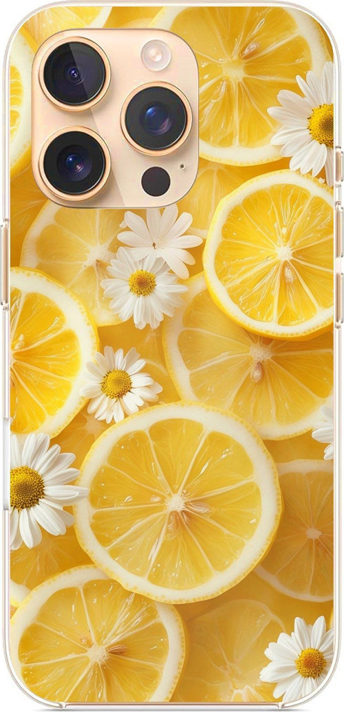 iPhone 16 PRO Uyumlu Limon Dilimleri ve Papatya Desenli Baskılı Silikon Kılıf