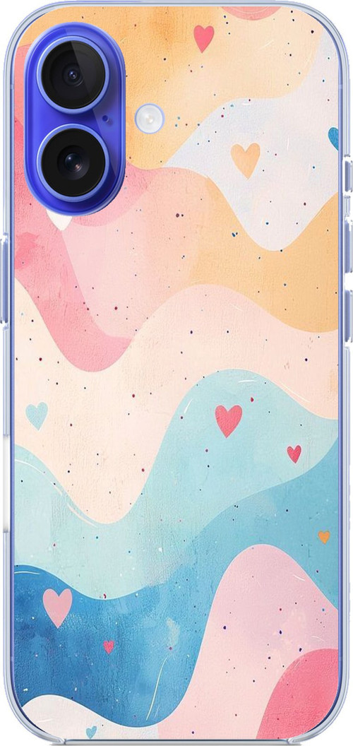 iPhone 16 Uyumlu Pastel Renkli Dalgalı ve Kalp Baskılı Silikon Kılıf