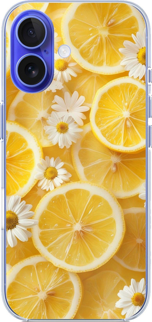 iPhone 16 Uyumlu Limon Dilimleri ve Papatya Desenli Baskılı Silikon Kılıf