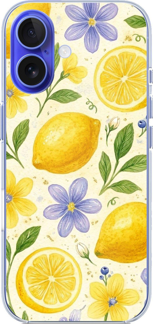 iPhone 16 Uyumlu Sulu Boya Limon ve Çiçek Desenli Baskılı Silikon Kılıf