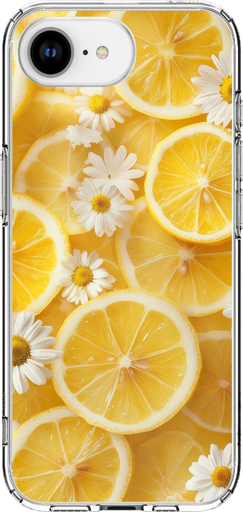 iPhone 16E - 17E Uyumlu Limon Dilimleri ve Papatya Desenli Baskılı Silikon Kılıf