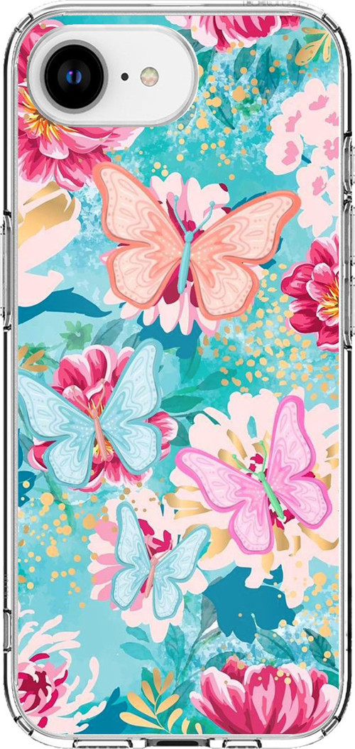 iPhone 16E - 17E Uyumlu Kelebekler ve Çiçekler Baskılı Silikon Kılıf