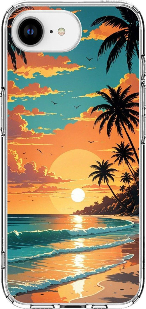 iPhone 16E - 17E Uyumlu Tropikal Sahil ve Gün Batımı Baskılı Silikon Kılıf