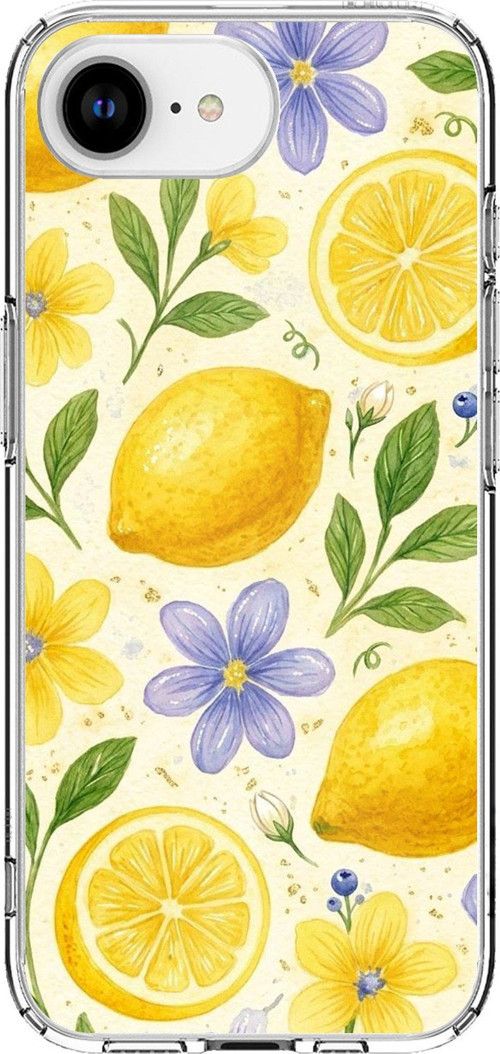 iPhone 16E - 17E Uyumlu Sulu Boya Limon ve Çiçek Desenli Baskılı Silikon Kılıf