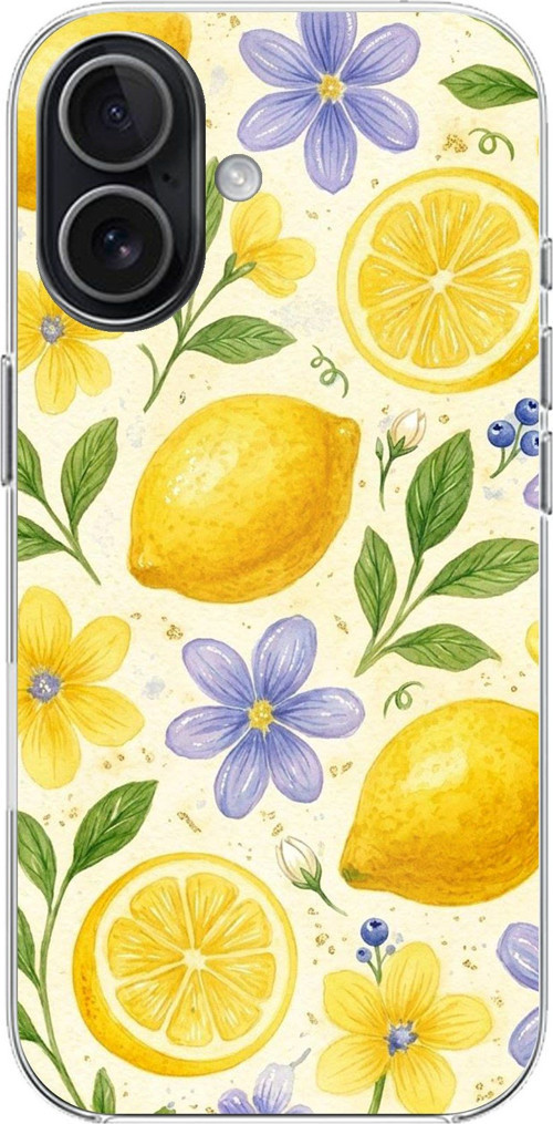 iPhone 17 Uyumlu Sulu Boya Limon ve Çiçek Desenli Baskılı Silikon Kılıf