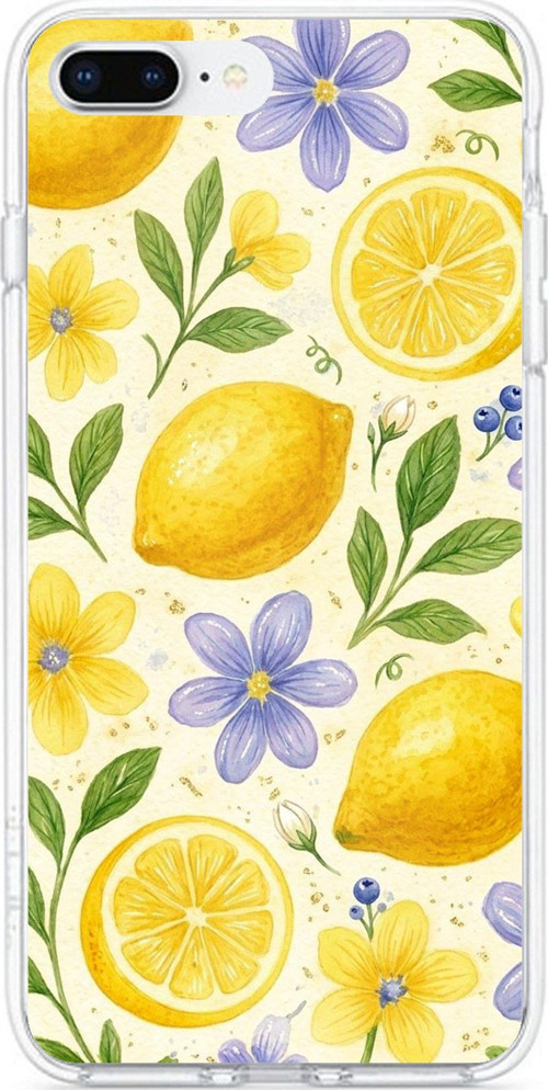 iPhone 7 PLUS-8 PLUS Uyumlu Sulu Boya Limon ve Çiçek Desenli Baskılı Silikon Kılıf
