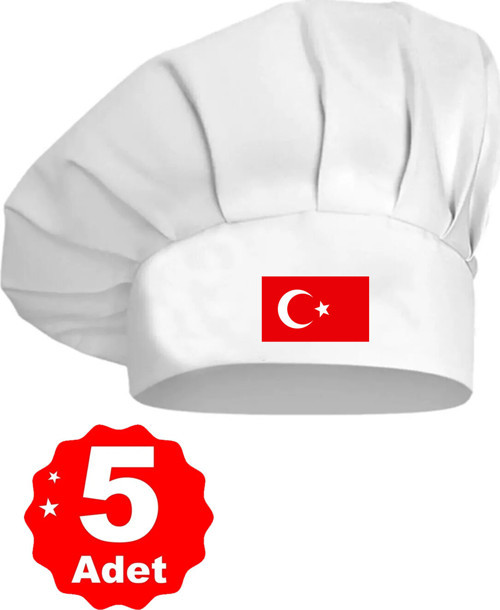 5Li Beyaz Üzeri Türk Bayrağı Baskılı Şef Aşçı Şapkası Mantar Kep