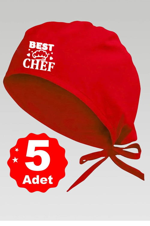 5Li Mr. Chef Logo Basklılı Kırmızı Özel Tasarım Aşçı Ve Şef Bonesi