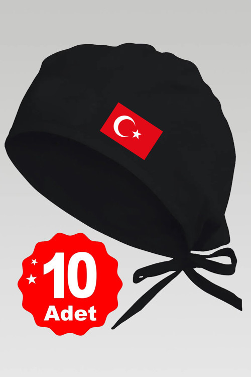 10Lu Türk Bayrağı Basklılı Siyah Özel Tasarım Aşçı Ve Şef Bonesi