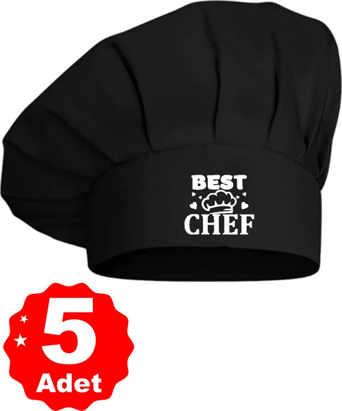 5Li Siyah Üzeri Best Chef Baskılı Şef Aşçı Şapkası Mantar Kep