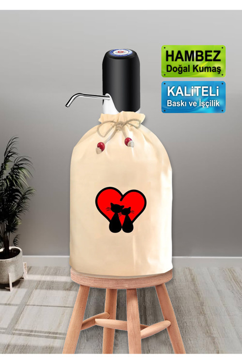 Dekoratif Kalpli Kedi Baskılı Damacana Kılıfı Doğal Hambez Büzgü İpli Yıkanabilir Kılıf