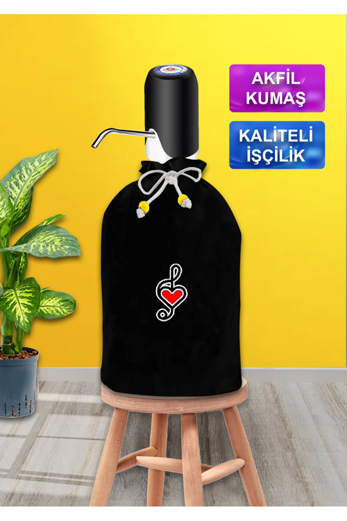 Dekoratif Siyah Damacana Kalpli Sol Anahtarı Baskılı Siyah Akfil Kumaş Damacana Kılıfı