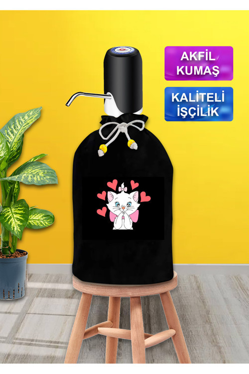 Siyah Damacana Kılıfı Kalpli Süslü Kedi Baskılı Siyah Kumaş Damacana Kılıfı