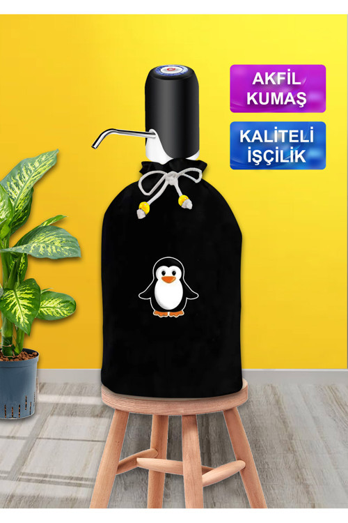 Siyah Damacana Kılıfı Penguen Baskılı Siyah Kumaş Damacana Kılıfı