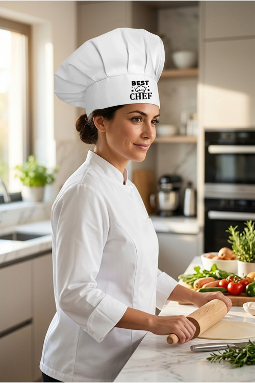 Siyah Best Chef Baskılı Beyaz Şef Aşçı Şapkası, Mantar Kep