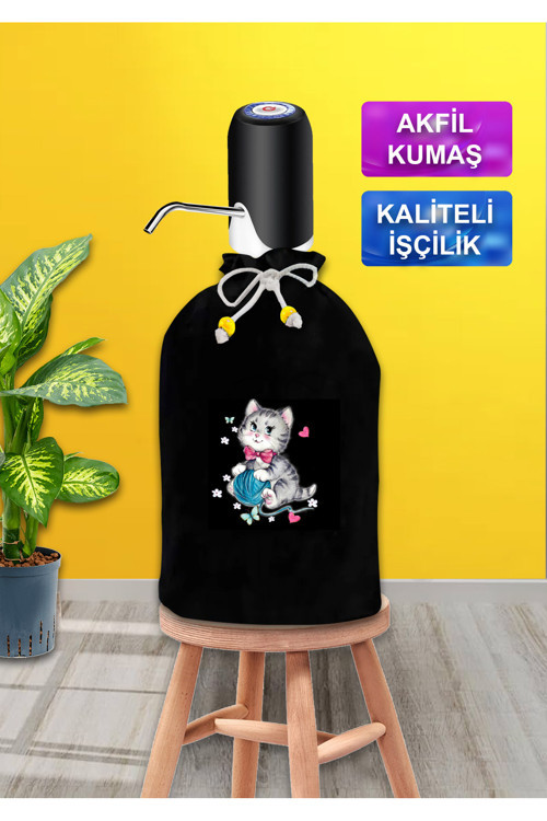 Siyah Damacana Kılıfı Yumaklı Kedi Baskılı Siyah Kumaş Damacana Kılıfı
