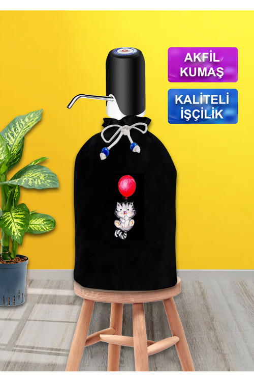 Siyah Damacana Kılıfı Balonlu Kedi Baskılı Siyah Kumaş Damacana Kılıfı