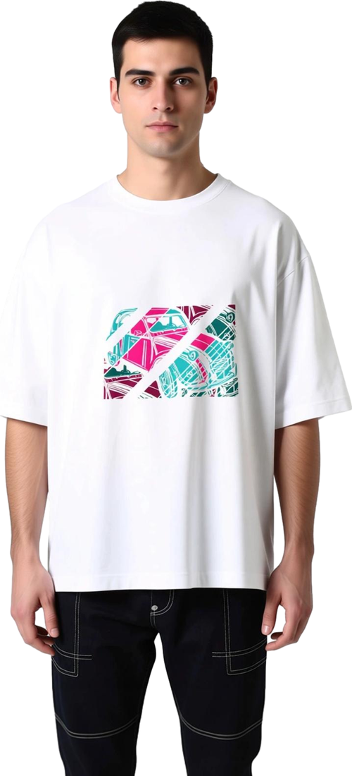 Erkek Oversize Tişört Retro Araç Sanat Baskısı Geometrik Desen Konforlu Günlük Kesim Rahat Modern