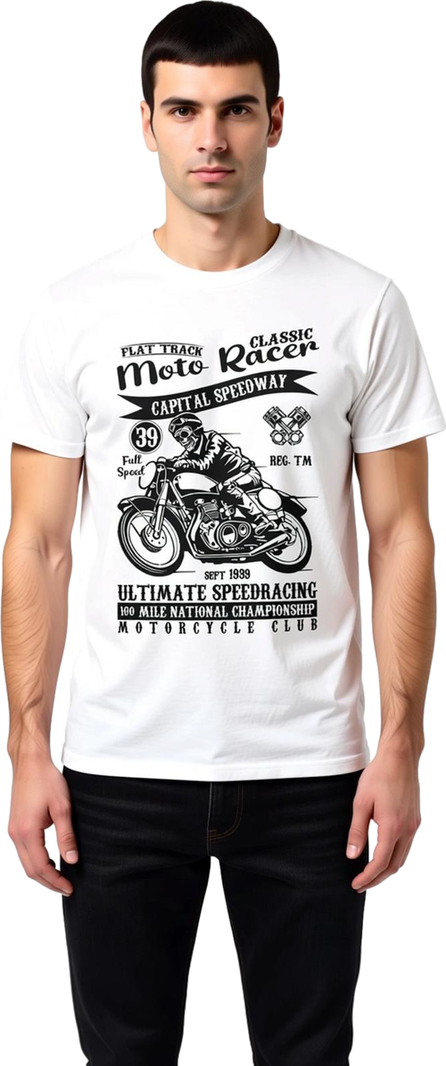Erkek Vintage Moto Racer Baskılı Tişört Flat Track Yarış Temalı Günlük Konforlu Rahat Modern Şık