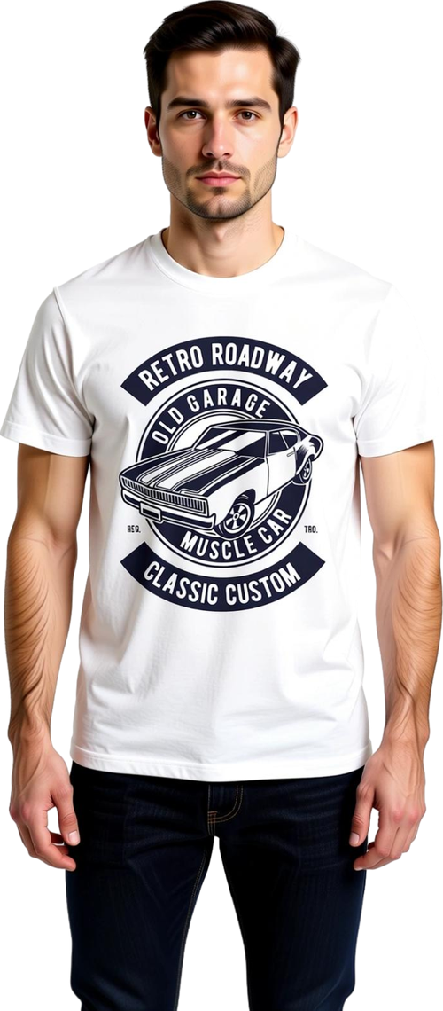 Erkek Klasik Muscle Araba Baskılı Kısa Kollu Tişört Retro Garage Desenli Rahat Kesim Günlük Modern